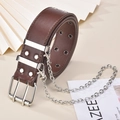 Brown leather punk belt with double grommets and silver chain detail on beige background - Brown / 103CM