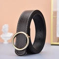 Women's black litchi grain leather belt with round gold buckle and white stitching - Coffee