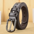 Detail view of black leather star cutout belt with white stitching and silver metal buckle - Coffee / 105cm