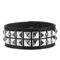 Detail of black punk leather bracelet featuring two rows of silver pyramid studs - Double Row Studs