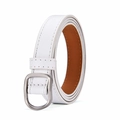 Women's slim white leather belt with silver D-ring buckle and brown lining for jeans - White