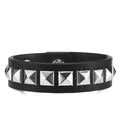 Detail view of punk black leather wristband with silver square pyramid metal rivets - Single Row Studs