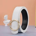 Minimalist white litchi leather belt for women with a polished gold round metal buckle - White