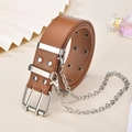 Brown leather belt with silver double-row grommets and detachable metal punk chain - Khaki / 103CM