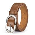Brown leather belt for women featuring a round silver metal buckle and stitched edges - 105cm / Khaki