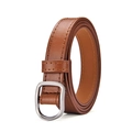 Casual brown leather waist belt for women with silver metal D-ring buckle and yellow stitching - Khaki