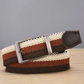 Men's tricolor braided stretch belt with matte metal buckle and faux leather end - Braided Style / Coffee Brown Beige Stripe (Silver Buckle)