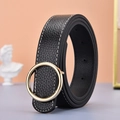 Classic black leather belt with gold round buckle and white contrast stitching detail - Black