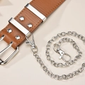 Detail of brown leather belt with silver metal chains and studs for a chic style - With Chain / Khaki