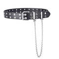 Punk black leather grommet belt with double pin buckle and silver chains decoration - With Chain / Black
