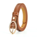 Slim dark brown leather belt for women with oval gold buckle and contrast stitching - Khaki