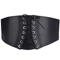 Cintura a corsetto larga da donna nera con lacci e occhielli argento su sfondo bianco - Stile Corsetto Stringato
