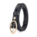 Slim black leather belt with oval gold buckle and white contrast stitching for women - Black