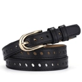 Cintura sottile in pelle nera da donna con fibbia a ferro di cavallo dorata e traforata - Nero / 105cm