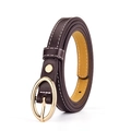Slim dark brown leather belt for women featuring a gold oval buckle and white stitching - Coffee