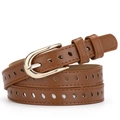 Cintura sottile in pelle marrone vintage con fori e fibbia rotonda dorata da donna - Cachi / 105cm