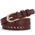 Ceinture fine en cuir bordeaux pour femme avec boucle fer à cheval dorée et ajourée - Bordeaux / 105cm
