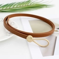 Slim tan leather belt for women featuring a minimalist gold geometric metal buckle - 110cm / Camel