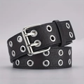 Punk black leather belt with double silver eyelets and a wide double pin buckle - Black (Flat Tail) / 110cm