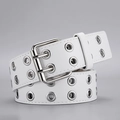 White punk style leather belt with double grommets and large silver pin buckle - White (Flat Tail) / 110cm