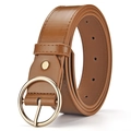Cintura classica in pelle PU marrone da donna con fibbia dorata tonda e cuciture - Cachi
