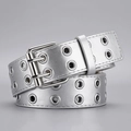 Silver punk style grommet belt with double-prong buckle and metallic finish - Silver (Flat Tail) / 110cm