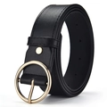 Cintura da donna in pelle nera con fibbia rotonda dorata lucida e stile sobrio - Nero