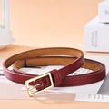 Slim burgundy leather belt for women with elegant golden metal buckle and red stitching - 100cm / Red
