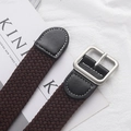 Dark brown braided elastic belt with black leather accents and silver square pin buckle - Extended Version / Square Buckle Coffee