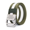Army green canvas belt with white stripe and metal double ring buckle for men and women - Green and White Striped