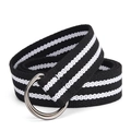 Classic black canvas belt with white stripes and metal D-ring buckle for daily casual wear - Black and White