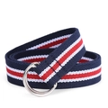 Navy blue canvas belt with red and white stripes and classic metal double D-ring buckle - Blue White Red