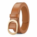 Cintura minimalista in pelle marrone da donna con fibbia ovale dorata e cuciture a vista - Cachi / 105cm