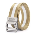 Mens canvas belt with double D-ring metal buckle in khaki and white striped nylon - Khaki & White Stripes