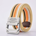 Khaki canvas belt with double D-ring metal buckle and orange striped woven texture - Striped Orange