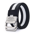 Men's black canvas belt with white stripes and gray double-ring metal buckle - Black & White Stripes