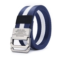 Men's blue and white striped canvas belt with dark grey double D-ring metal buckle - Blue and White Stripes