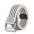 Beige elastic woven canvas belt with dual ring metal buckle and brown leather end tip - Striped White