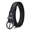 Cinturón fino de cuero negro para mujer con textura de grano y hebilla redonda - Negro