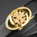 Men's luxury black leather belt with a rotating gold crystal buckle and star pattern - Annular Gold / 120cm