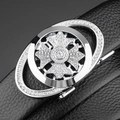 Men's black lychee leather belt with silver automatic buckle and rhinestone cross - Ring Silver Style / 120cm
