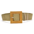 Stroh-geflochtener elastischer Gürtel mit quadratischer Holzschnalle in Beige - Khaki