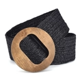 Cintura elastica intrecciata nera in stile boho con fibbia rotonda in legno da donna - Nero