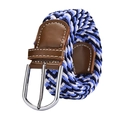 Elastic woven belt with tricolor navy pattern and silver buckle on white background - 105cm / Navy Blue White