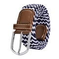 Elastic blue and white braided belt for women with brown leather details and silver buckle - 105cm / Blue & White
