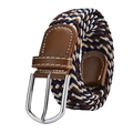 Elastic woven canvas belt for women with navy and beige stripes and leather trim - 105cm / Coffee Blue White