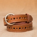 Brown leather belt for women featuring floral hollow-out patterns and a gold buckle - Khaki Round Buckle / 105cm