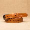 Brown leather hollowed-out belt with star punch patterns and white stitching details - Khaki Horseshoe Buckle / 105cm