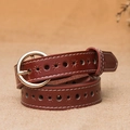 Deep red leather belt with gold round buckle and boho hollow floral patterns for women - Wine Red Round Buckle / 105cm