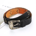 Cinturón vintage de cuero negro con remaches de bronce y hebilla floral strass - Negro